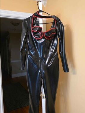 Libidex BN Black Latex corset Catsuit with Red Trim Underwire Bust